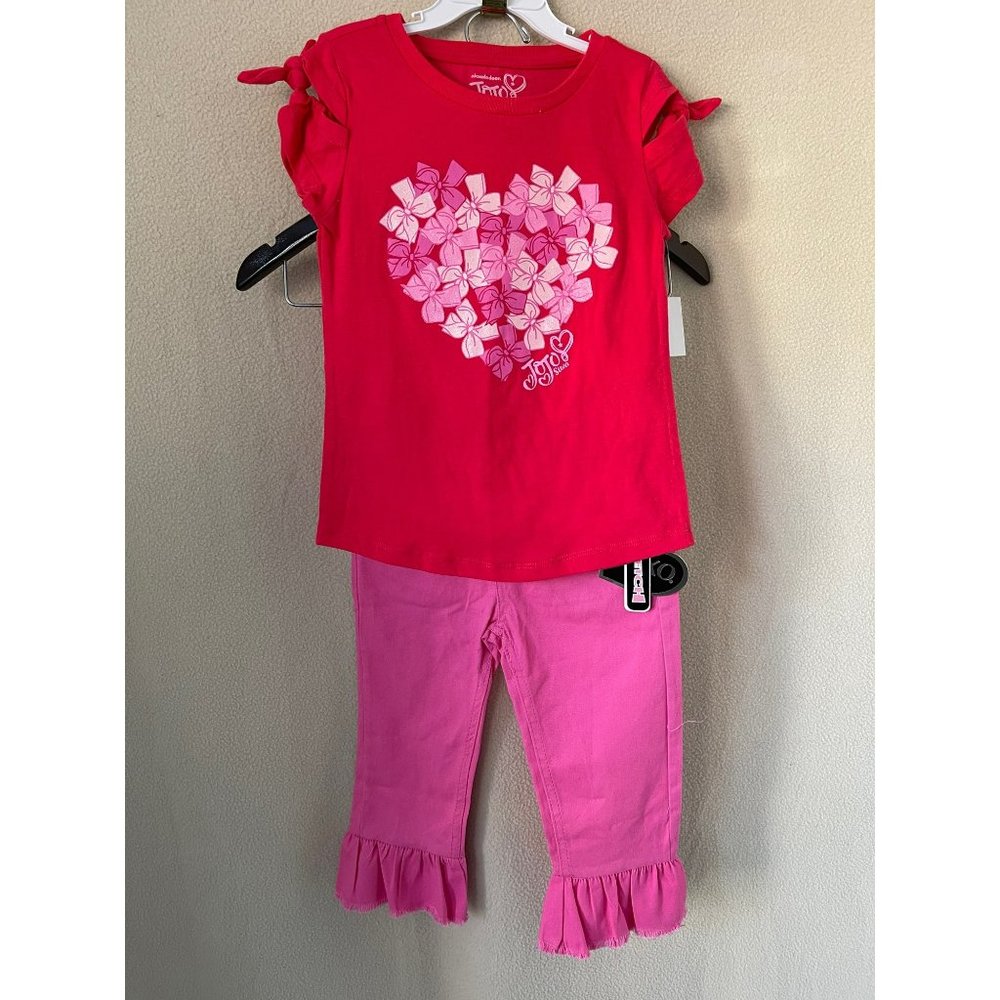 Pretty in Pink Girls Outfit - Heart Bow Tee / Ruffle Bottom Pants